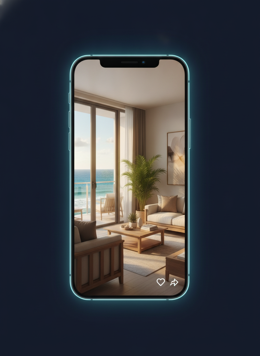 Celular exibindo um Reels com o tour de um apartamento de frente para o mar